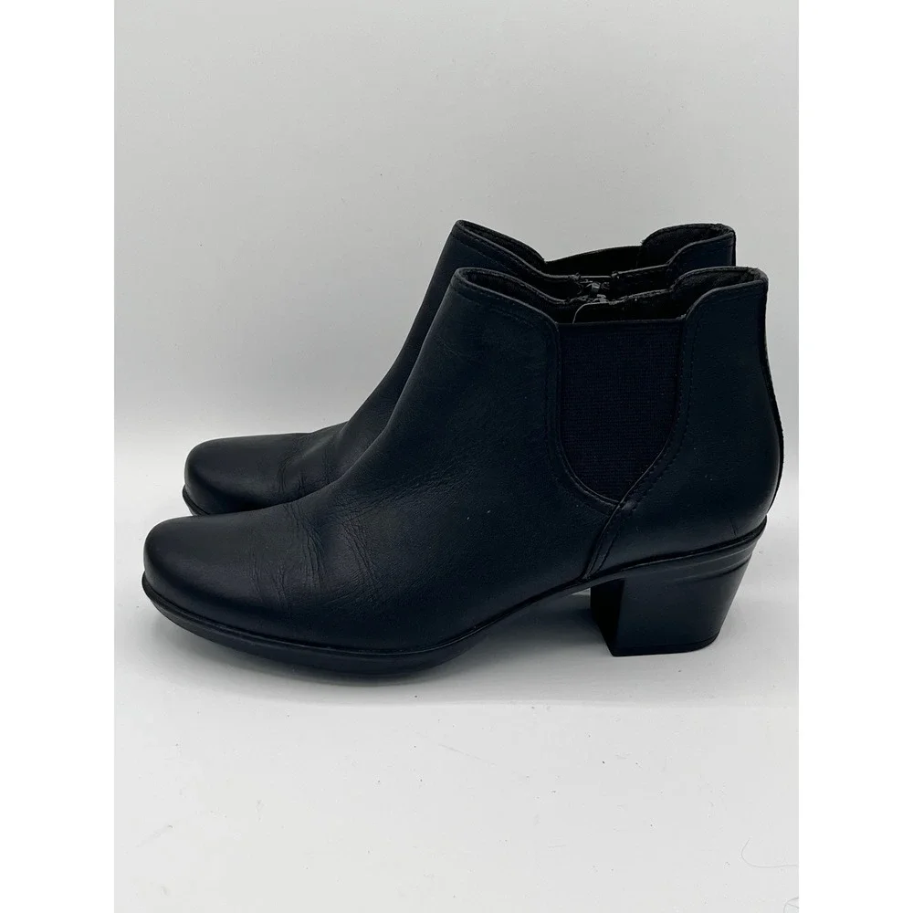 Clarks Women Black Leather Ankle Boots Block Heel Side Zip Booties Size 6.5M